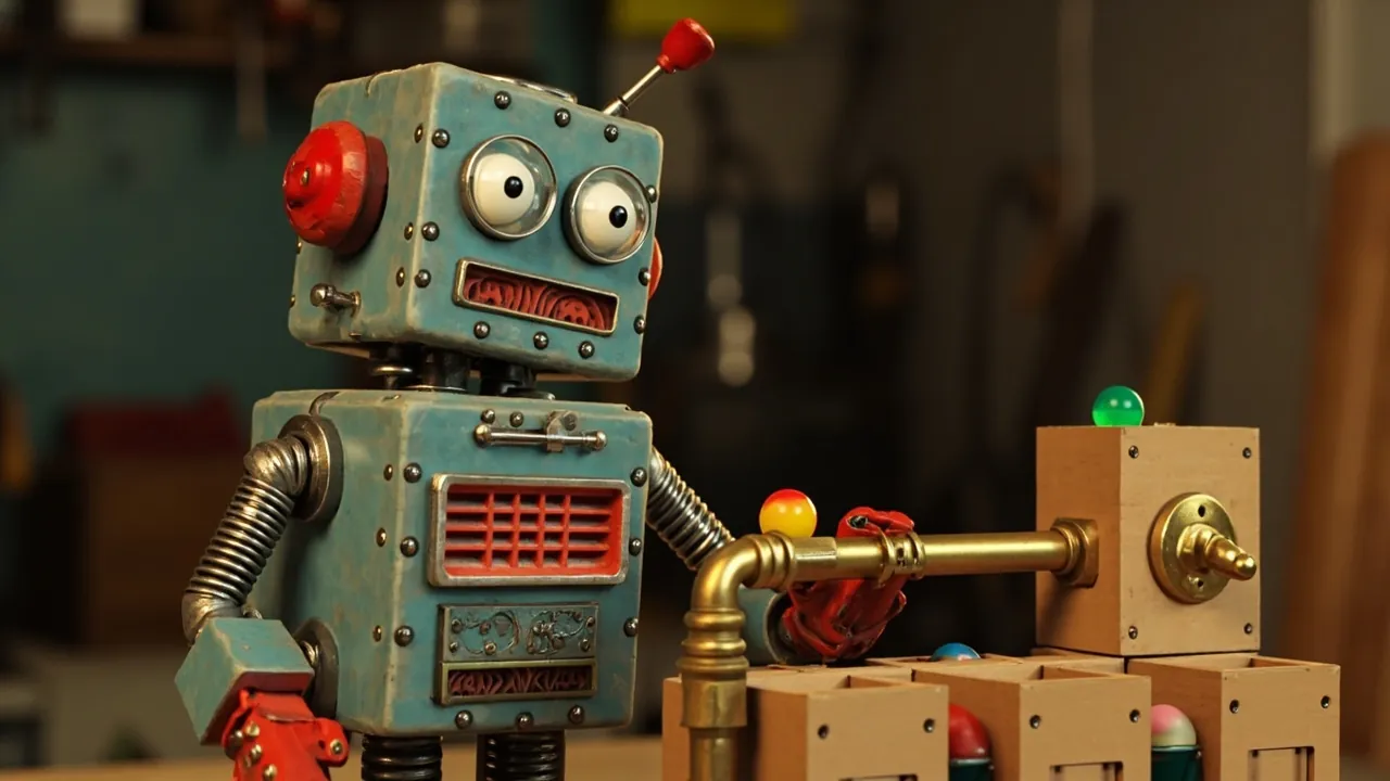 Vintage tin robot sorting blank lead cards into colored workflow groups