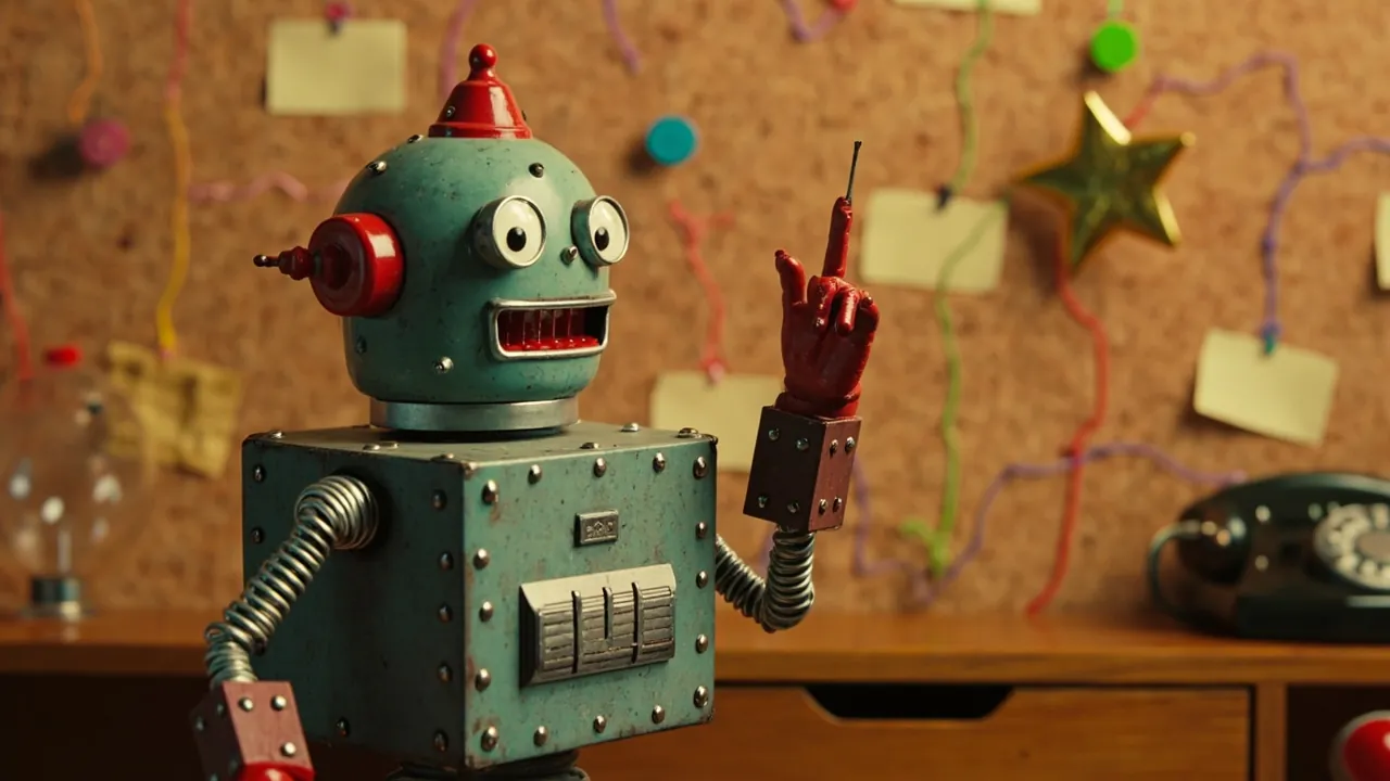 Vintage tin robot tracing blank lead cards through an analog sales routing board