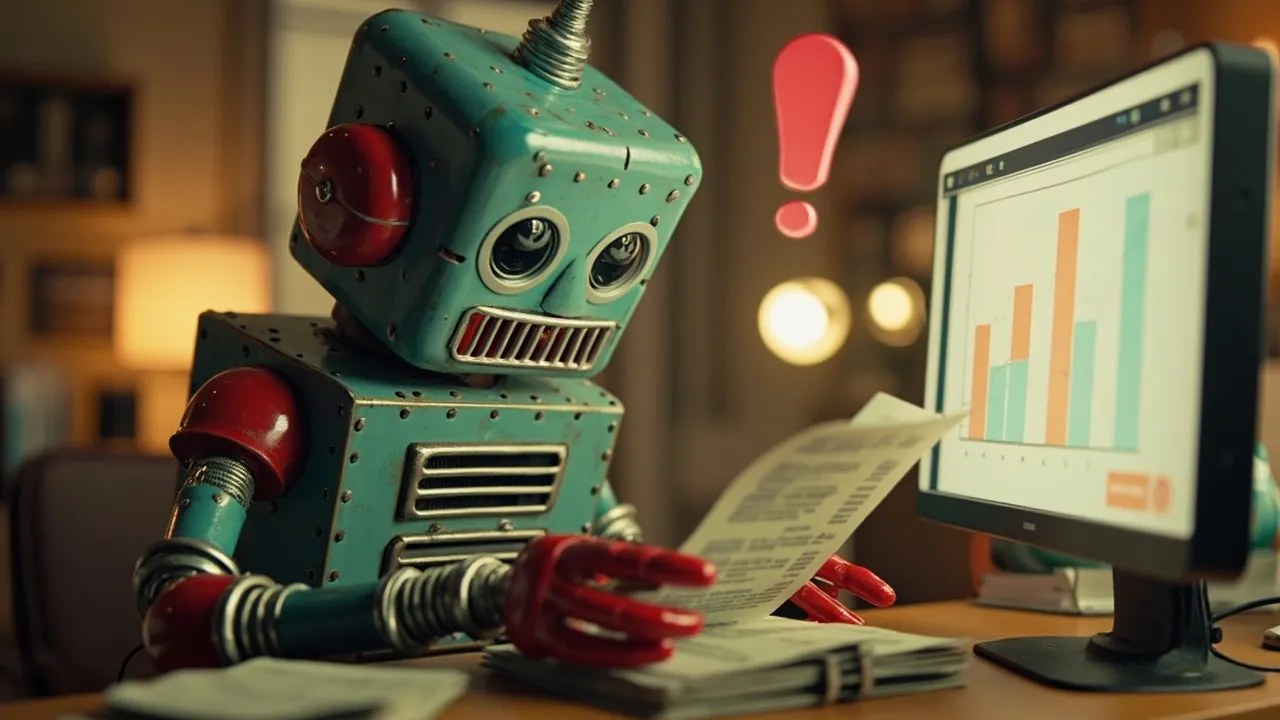 Vintage tin robot reviewing vendor documents beside an exception alert