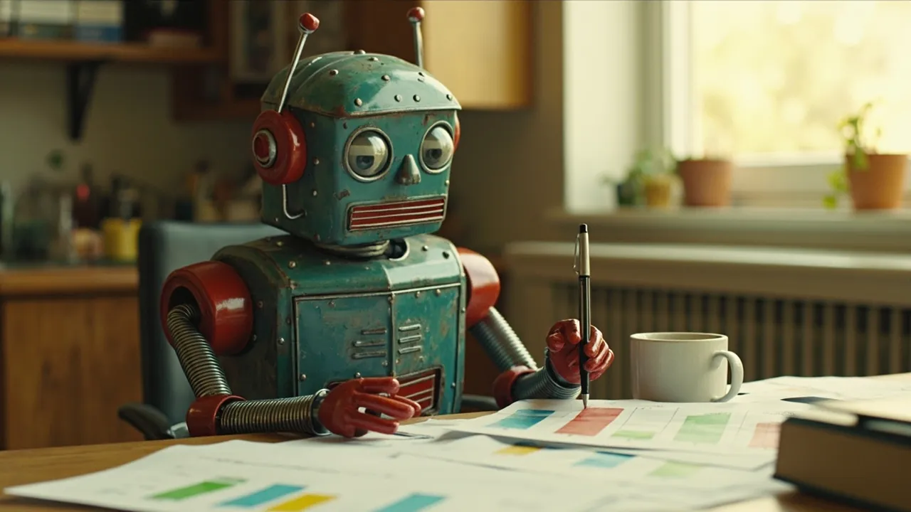 Vintage tin robot reviewing paperwork before a financial decision