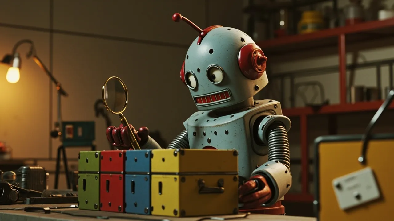 Vintage tin robot comparing several model options at a workshop bench