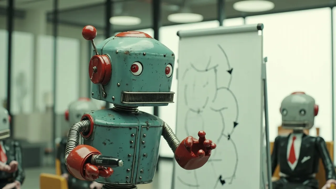 Vintage tin robot presenting a branching routing diagram to a review team